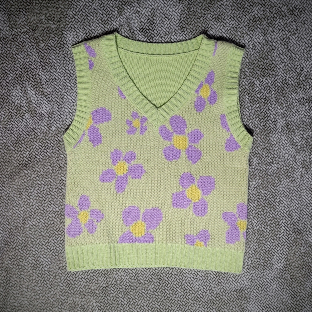 Green Floral Knit Sweater Vest | Size S |